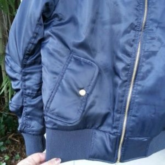 Pretty Little Things Black Satiny Bomber jacket w/gold Zips sz Small NWOT - Picture 7 of 8